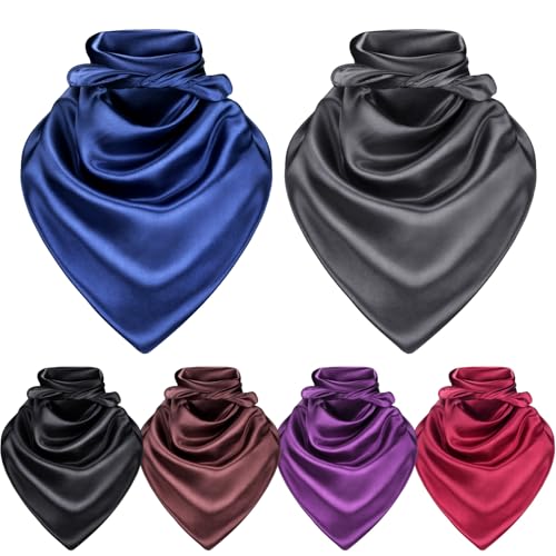 6 Pcs Solid Cowboy Rag for Women Western Neck Scarf Bandana 35-inch Square Satin Rag Neckerchief Multiple Colors Wildrags for Men Pack