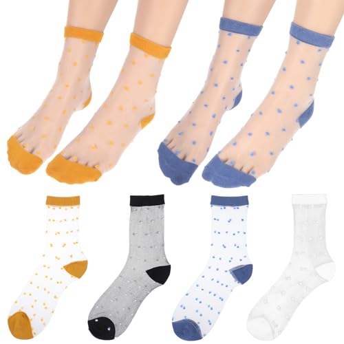 4 Pairs Women's See Through Socks - Ankle High, Polka Dot, Breathable, White, Black, Turmeric, Blue, Medium