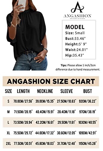 Angashion Womens Tops, Short Sleeve Casual Summer Top Solid Color Self Tie Loose Fit Drape Tunic Blouses Shirts Black X-Large #TOP5