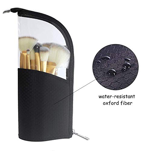 Black Travel Makeup Brush Holder 2-Pack, Organizer Bag Clear Plastic Cosmetic Zipper Pouch Portable Waterproof Dust-Free Stand-Up Small Toiletry Stationery Bag with Divider4