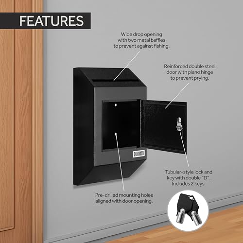 Image of Durabox Drop Box Deposit Safe 10 x 4 x 16 inch Heavy Duty Steel with Slim Profile Wall Mailbox with Wide Deposit Slot for Letters, Documents Checks and Cash for Home, Office & Commercial (W300) (Black)