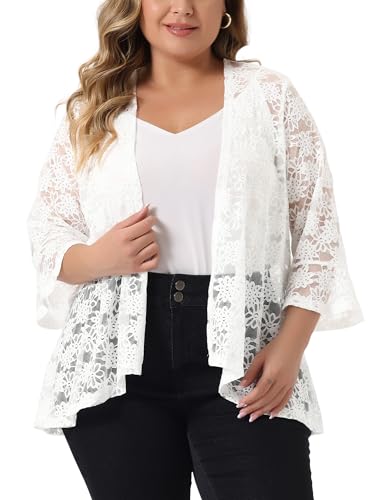 Image of Agnes Orinda Women Plus Size Open Front Lace Cardigans | 3 /4 Bell Sleeve Sheer Formal Bolero Shrugs Lightweight Floral Crochet Cover Up