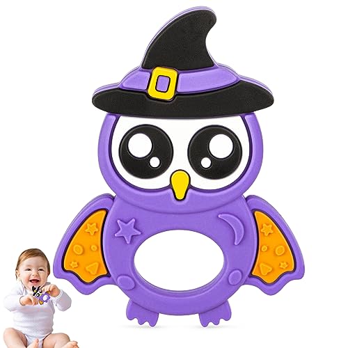Image of Halloween Baby Teething Toy for 3-12 Months, Halloween Cute Owl Themed Gifts Infant Teething Toy Silicone Curves Halloween Theether Gifts Holiday, Halloween Baby Gifts Teethers Toy Soft Teething Toy