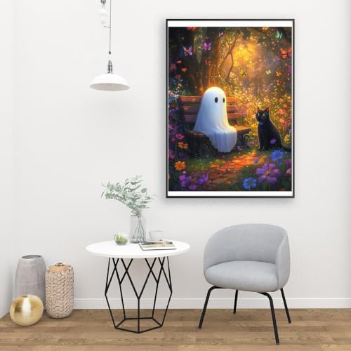 Image of Clendo Halloween Paint by Numbers Kit for Adults - Ghost and Cat Adult Paint by Number Kits on Canvas for Beginner, Oil Painting by Numbers Kit for Gift Home Wall Decor Without Frame 16x20 Inch
