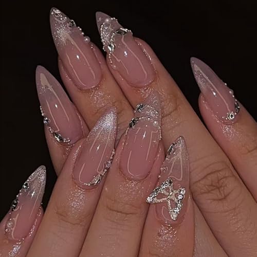 Medium Press on Nails Almond Fake Nails Ombre False Nails French Tip Artificial Nails Cute Nails with Butterfly Designs Stick on Nails for Women 24pcs