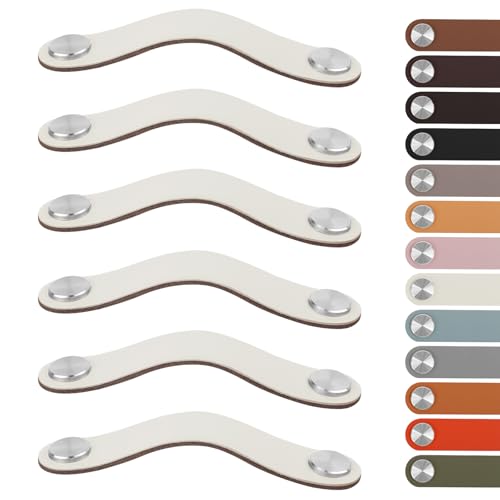 LEREATI 6 Pack Leather Drawer Pulls 5 Inch Cabinet Handles with Screws Faux Leather Dresser Knobs for Cabinets, Drawers, Closet, Kitchen and Bathroom Furniture (5in Hole Center, Silver + Cream)