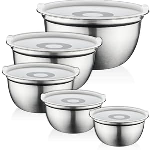 FineDine 5 Deep Nesting Mixing Bowls with Lids for Kitchen Storage , Cooking Food, Baking, Breading, Salad or Meal Prep – Silver Stainless Steel – Large