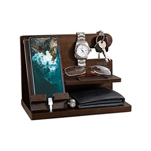 LAC Wooden Docking Station for Men | Wood Bedside Phone Organiser for Him | Watch Desk Stand for Men | Nightstand Organizer Gift | Husband Birthday for Dad Cover