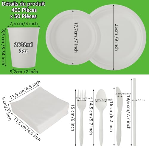 AKOLAFE 400 Stück Geschirrset Pappteller Umweltfreundlich Einweggeschirr Biologisch Abbbaubare Einweggeschirr set 50 personen mit Gabeln, Messer und Löffel für Geburtstag, Grillfest,Picknick, Party