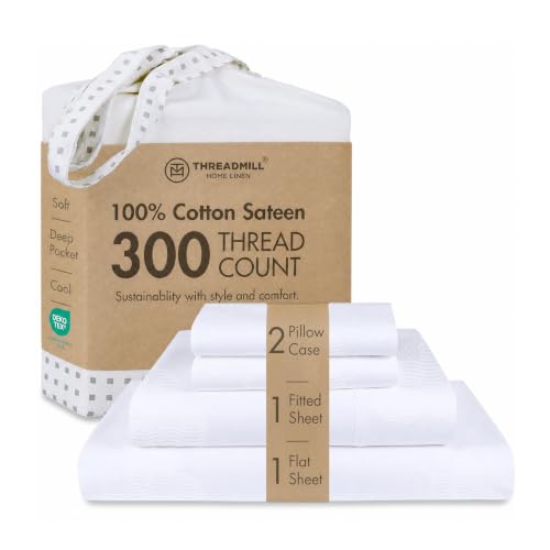 Image of Threadmill 300 Thread Count Cotton Full Sheet Set, Sateen, Jacquard, White | 100% Cotton, Sateen Weave, Jacquard Pattern, 4-Piece Set, 16 inch Deep Pocket, Cooling, Fade-Resistant, OEKO-TEX Certified