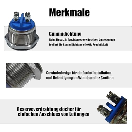 Powice 2X 22mm Taster Wasserdicht Momentaner Schalter aus Edelstahl,Druckschalter Drucktaster 5A/12V/24V/110V/230V,Geeignet für Autos, Zündanlagen, Türklingeln (Flacher Kopf), Schwarz