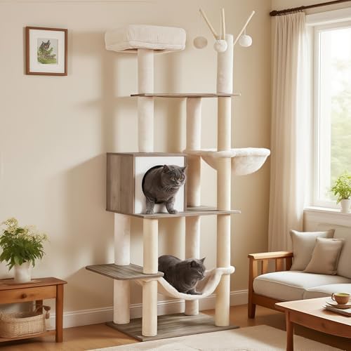 Image of Hey-brother Wooden Cat Tree, 66.1 inch Cat Furniture with Scratching Posts, Modern Cat Tower with hammocks, Toys, cat condo, Rustic Gray MPJ120SG