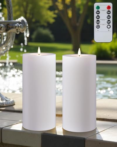 Image of Gmnee 4 inchx8 inch Outdoor Waterproof Flameless Candles with Remote Timers Plastic | Extra-tall, Extra-large, Battery Operated Candles, LED Candles, Electric Fake Pillar Candles for Patio Decor (White)