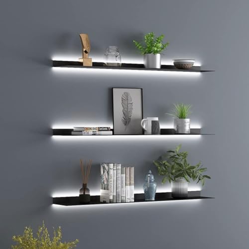 simdennr Mensole galleggianti da parete in metallo con luci a LED, espositore da appendere per soggiorno, cucina, bagno, mensola con luce a LED illuminata integrata, nero, 60 cm