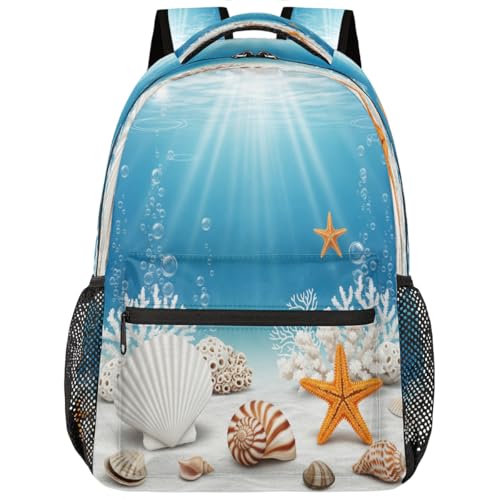 Mochila escolar de viaje con diseño de conchas marinas y océano