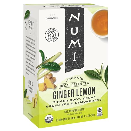 Numi Organic Ginger Lemon Decaf Tea, 16 Green Tea Bags, Micro-Plastic Free
