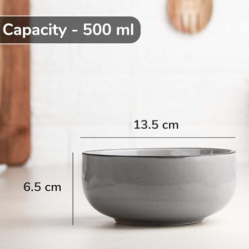 Image of The Earth Store Glossy Grey Marble Ceramic Bowl Set of 4 - 500ML Each with Nob Wooden Lid | Mixing Bowls for Snacks, Rice, Dal, Fruits, Salad Microwave Safe Bowl with Lid Perfect Gifting & Daily Use
