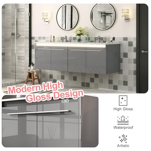 60-Double-Sink-Floating-Vanity-with-Human-Sensor-LED-High-Gloss-Wall-Mounted-Bathroom-Vanity-with-Sink-Modern-Bath-Sink-Vanity-Cabinet-with-Metal-Handles-Gray