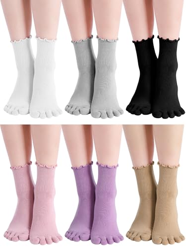 Image of Fourluoo 6 Pair Women Toe Socks Cotton Ruffle Five Toe Sock Finger Running Socks with Toes Separated for Women Men Athletic
