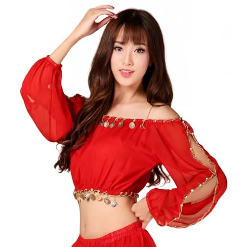SamHeng Donne Top per Danza del Ventre, Monete Brillanti Maniche Lunghe Crop Top per Danza Tribale con Pizzo e Scollo Spalle Scoperte Abbigliamento per Spettacoli Festival e Carnevale‌, Rosso‌