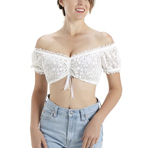 Kelliar Dirndlbluse Kurzarm, Trachtenbluse Damen Dirndlblusen Spitze Dirndl Blusen Weiß Schulterfrei Crop Top mit Kordelzug, Bavarian Oktoberfest Kostüm Bluse, 34-46 Größe Cover