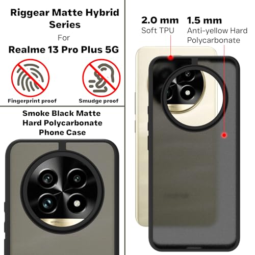 Image of RIGGEAR Shockproof Sleek Hybrid Armor Back Cover Case Compatible with Realme 13 Pro, Realme 13 Pro Plus 5G (Smoke Black Matte PC + Black TPU Bumper)