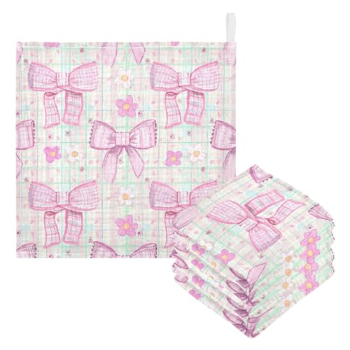 Nander 5Pack Baby Muslin Washcloths,Cute Pink Bows Soft Face Cloths for Newborn, Absorbent Bath Wash Cloths, Wipes, Burp Rag,Toddlers Essentials Stuff, Baby Registry as Shower