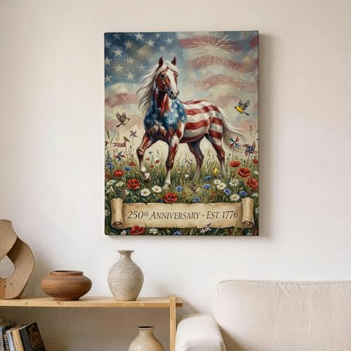 Decoración de caballo patriótico en lienzo abstracto de 12x16 con flores rojas y azules 6