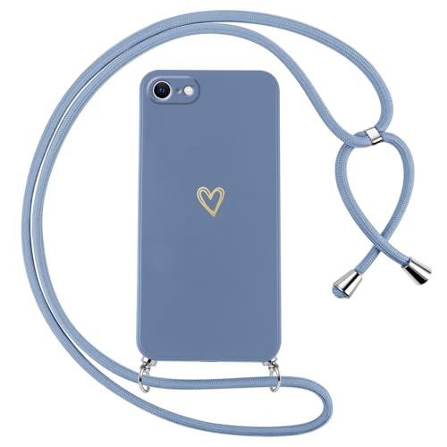 Oelrstfe Handyband für iPhone 8/iPhone SE 2020/iPhone 7/SE 2022 Hülle mit Band Herz Motiv Handyhülle für zum Umhängen Silikon Stoßfest Ultra Dünn Weich Schutzhülle mit Kordel Necklace Kette Case Blau