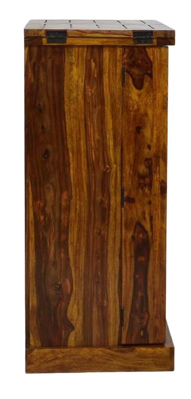 Image of Solid Sheesham Wood Bar Unit Cabinet With Storage Bottle Shelve & Built-in Glass Holder Brass Studs Drink Wine Rack Organizer For Living Room Home & Lounge Dining Cupboard Liquor Furniture