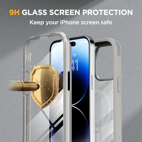 Image of Miracase Magnetic for iPhone 14 Pro Case 6.1 inch, (Compatible with MagSafe) Upgrade Full-Body Clear Phone Bumper Case with Built-in 9H Tempered Glass Screen Protector, Magnetic Gray