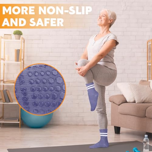Image of Jspupifip 4 Pairs Pilates Grippy Socks for Women, Long Non Slip Yoga Socks with Grips Crew Socks for Pilates Barre Hospital