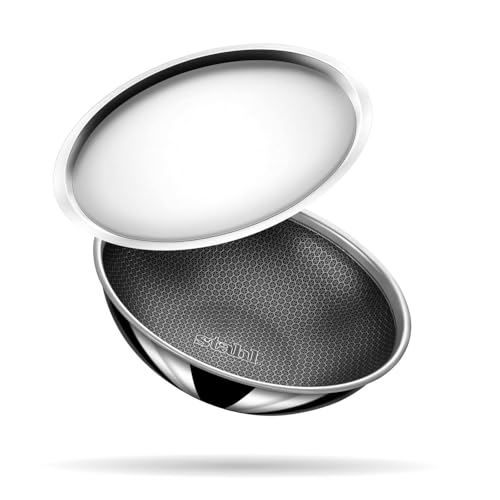 Stahl Triply Stainless Steel Non Stick Tasla with Lid | Triply Stainless Steel Cookware | Tri Ply Tasla Kadai with Induction Base | Hybrid 6656, Dia 16cm, 0.8L (Serves 1 Person)