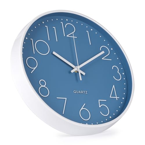 Image of Wall Clock 12 Inch Non-Ticking Silent Modern Simple Style Round Decor Clock Cerulean Stereoscopic Dial Quartz Wall Clocks for Home /Office /School /Living Room /Bedroom /Kitchen