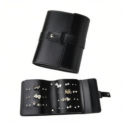 Image of LAKE OF FIRE Earring Holder Organizer with Foldable Book Design Book Organizer, Portable Pu Leather Travel Earring Case (Black)