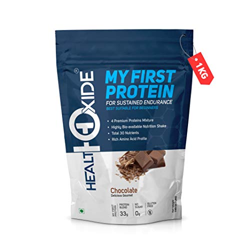 HealthOxide My First Protein for Beginners 1kg (Chocolate) | Whey, Soy, Casein & Pea Protein Blend | 9.9g Protein per Serving | 26 Vitamins & Minerals | No Added Sugar | Gluten Free | Christmas & New Year Fitness Gift