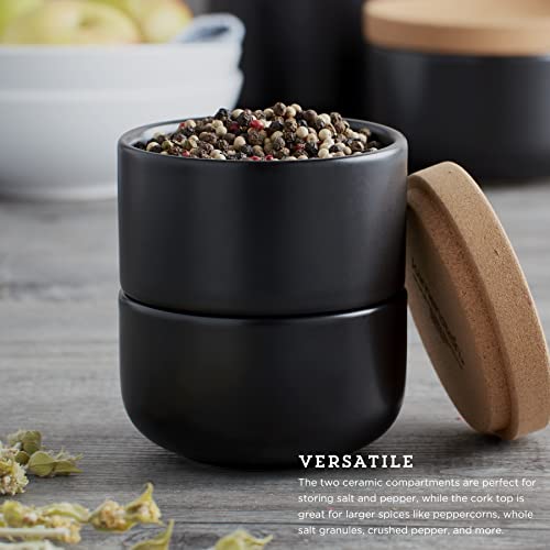 Image of Ceramic and Cork 3 Piece Stackable Salt and Pepper Cellar For Countertop Space Saving, Easy Lift Lid to Retain Freshness, Natural Cork and Black Ceramic