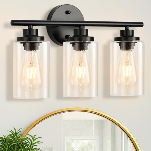 Blinghy 3-Light Bathroom Light Fixtures, Black Modern Vanity Light with Clear Glass Shade, Bathroom Lighting Fixtures Over Mirror, Bathroom Wall Sconce Lights for Mirror Living Room Bedroom Hallway