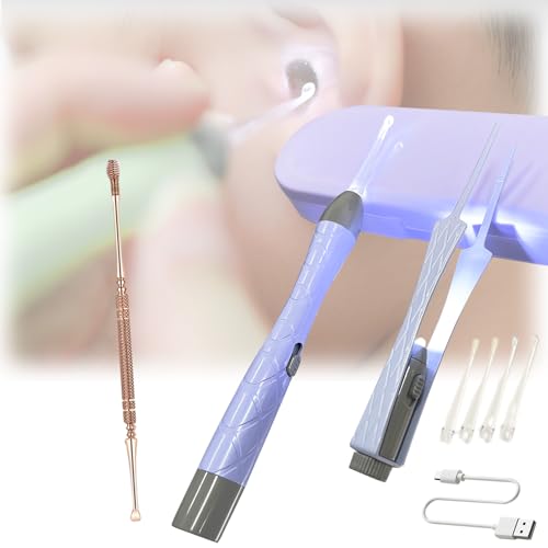 TattiOut 2026年版【3点セット 改良を重ねてこだわり抜かれた】耳かき ライト USB充電式 光る耳かき LEDライト付き耳かき 光るピンセット みみかき 子供用 シリコン 耳搔き 照明付き 耳掃除 耳かきセット TO24GA019 （合金ローズゴールド1本付き）パープル