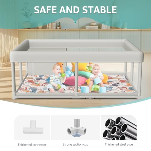Image of 65 x 50 Inch Baby Playpen with Mat, PlayPen for Babies and Toddlers, Sturdy Safety Play Yard for Indoor & Outdoor with Zipper Gates