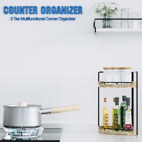 Image of Corner Bathroom Counter Organizer, 2 Tier Wood Vanity Storage, Waterproof Skincare Shelf for Kitchen & Toiletries Decor, Dresser (Rustic-2 Tier)