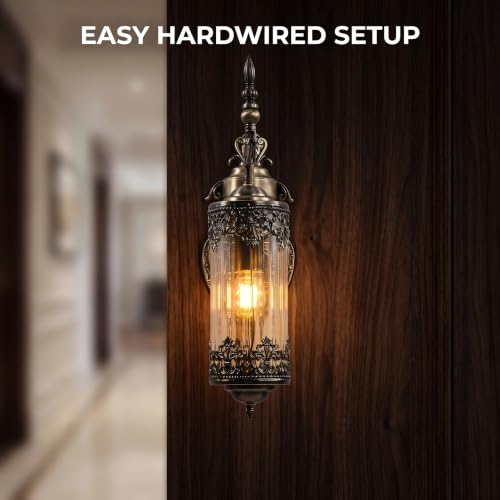 Image of Rustic Wall Sconce with Glass | Vintage Antique Wall Light Fixture E26 Mid Centry Lantern Bedside Sconces Wall for Living Room Bathroom Mirror