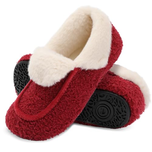 BARERUN Womens Slippers Fuzzy House Shoes with Faux Fur Lining Soft-lightweight House Slippers Socks Moccasin Slippers with Rubber Sole Indoor/Outdoor