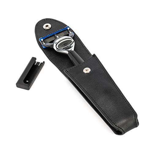 MÜHLE Travel Rasierset - Systemrasierer kompatibel mit Gillette Fusion-Klingen, dunkelblauer Edelharz-Griff und Leder… - Image 3