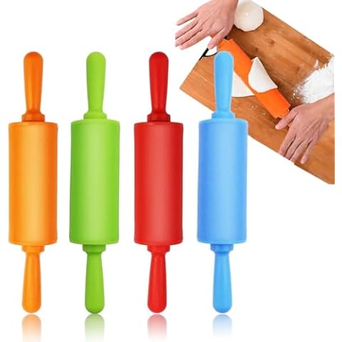Faxco 4 Pack Mini Rolling Pin for Kids, 9 Inch Plastic Handle Rolling Pin Non-Stick Silicone Rolling Pins for Children Cake Baking Cover