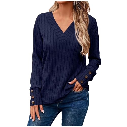 Jersey de manga larga con cuello en V para mujer en otoño e invierno, camiseta lisa con botones, marine, XXL