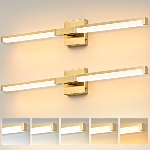 Image of OKELI 32 Inch Bathroom Vanity Light Fixtures, Gold Modern Light Fixtures Over Mirror, 16W 5CCT Dimmable Wall Light- 2Pack