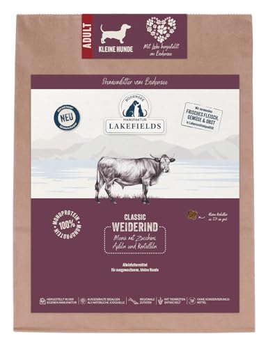 Lakefields Classic Hundefutter trocken | Rind 60% | 1kg | Getreidefreies Trockenfutter für kleine Hunde | Extra kleine Kroketten | Karotten, Äpfel & Heidelbeeren | Schonend gebacken
