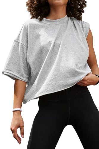 Image of HUGOOME Womens Oversized Workout Crop Top Casual Short Sleeve Boxy Roll Hem