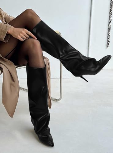 Women's Knee High Boots Shark Boot Wide Calf Stiletto Heels Slouchy Pointed Toe Pull on3